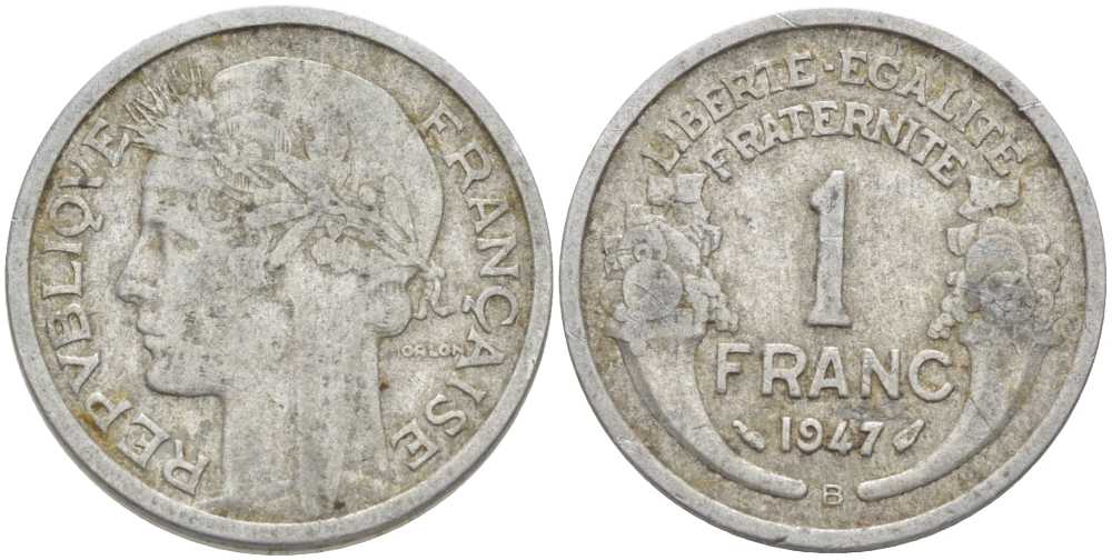 ФРАНЦИЯ 1 ФРАНК 1947 B, ТИП MORLON KM 885а.1, LE FRANC 221.12 алюминий 212-914
