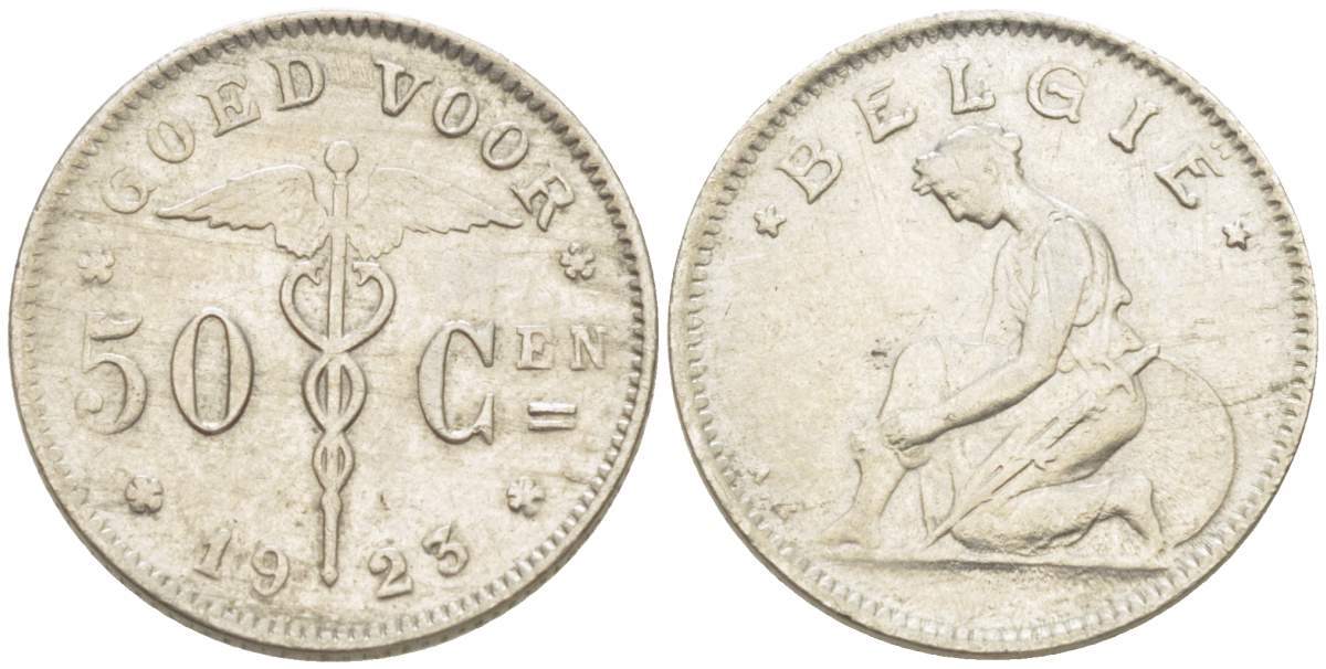 БЕЛЬГИЯ 50 САНТИМОВ 1923 BELGIE KM 88 никель 4516-1252
