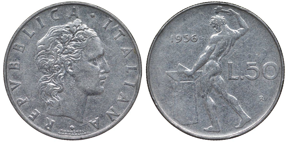 Италия 50 лир 1956 R, бог огня Вулкан у наковальни KM 95.1 нержавеющая сталь 4128-1244