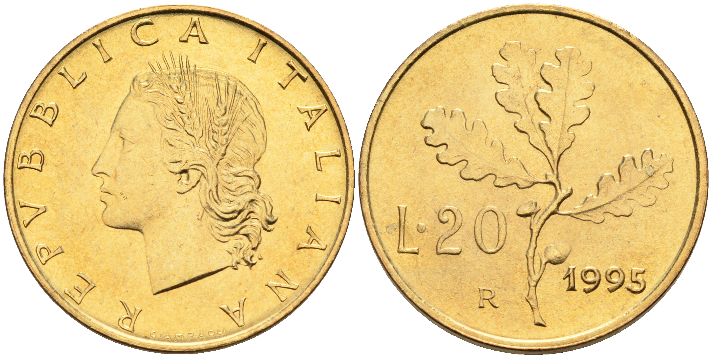 Италия 20 лир 1995 R, дубовый лист KM 97.2 алюминиевая бронза  UNC  4594-945