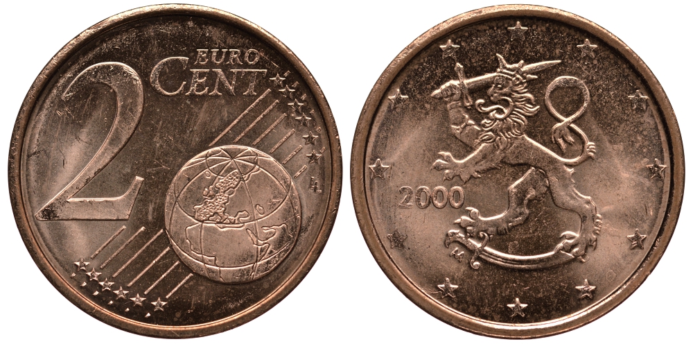 ФИНЛЯНДИЯ 2 ЕВРОЦЕНТА 2000 KM 99 сталь плакированная медью UNC 4181-453