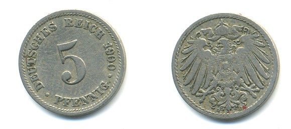 ГЕРМАНИЯ 5 ПФЕННИГОВ 1900 D, KM 11, J. 12 медно-никель 4379-516