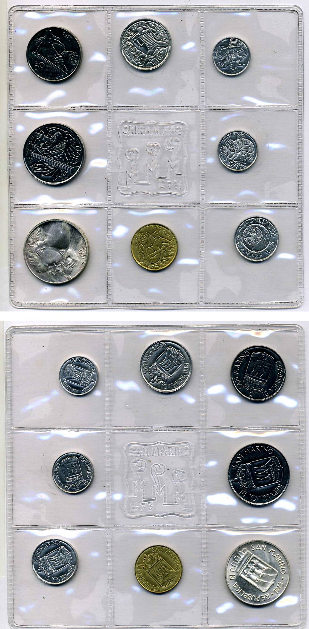 Сан-Марино годовой набор из 8 монет 1973 1, 2, 5, 10, 20, 50, 100 и 500 лир ребёнок держит голубя KM 22-29, в оригинальной пластиковой запайке серебро KM MS2 серебро UNC 3-4-5-20