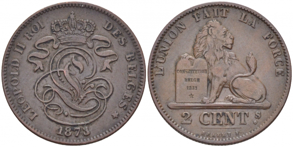 Бельгия 2 сантима 1873 Des Belges, Леопольд II (1865-1909) KM 35.1 медь 110-146