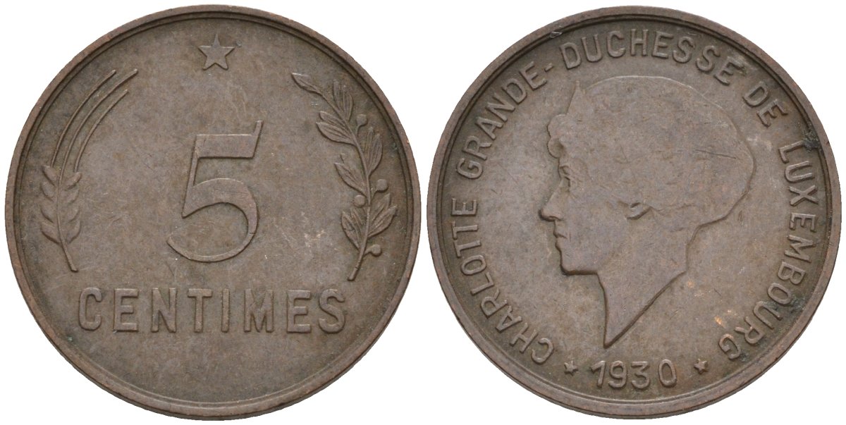Люксембург 5 сантимов 1930 великая герцогиная Шарлотта (1919-1964) KM 40 бронза 4525-444