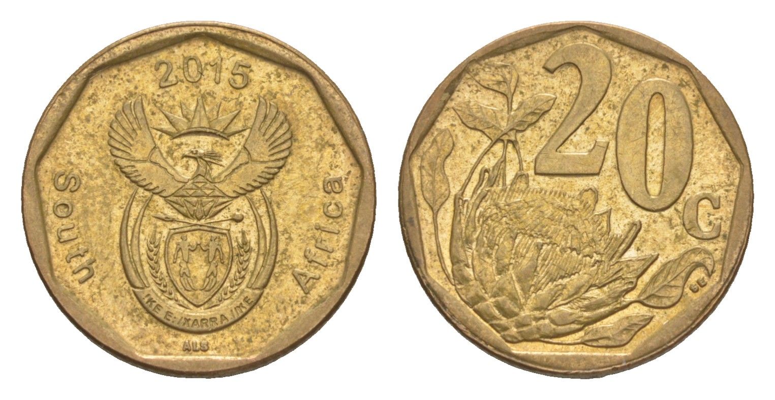 ЮАР 20 центов 2015 герб, цветок протея KM 270 сталь плакированная бронзой aUNC 4380-1032