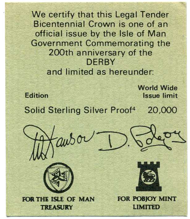 Остров Мэн 1 крона 1980 200 лет дерби, ипподромные скачки, в оригинальной коробке, с сертификатом KM 63а серебро PROOF 3-4-4-20