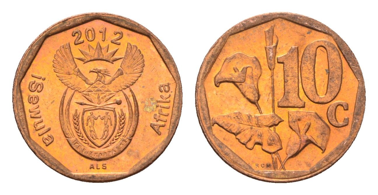 ЮАР 10 центов 2012 герб, цветок алоэ сталь плакированная бронзой UNC 4687-469