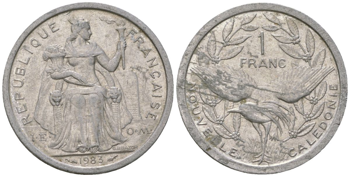 Французская Новая Каледония 1 франк 1983 птица кагу, (IEOM) KM 10, Schoen 10, Lec 46 алюминий    51-2346