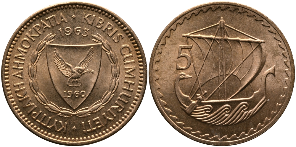 Кипр 5 милсов 1963 парусник KM 39 бронза aUNC 33-752