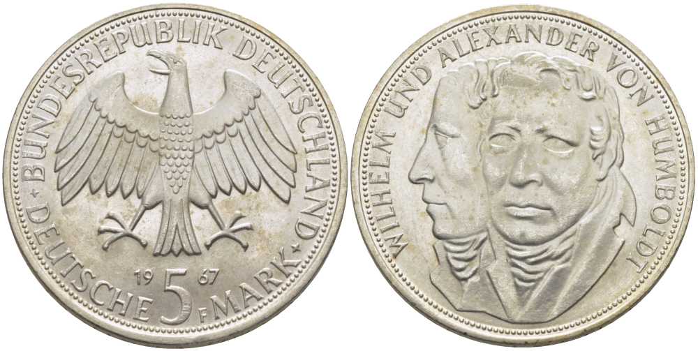 ФРГ 5 марок 1967 F, Вильгельм и Александр фон Гумбольдт J. 395, KM 120.1 серебро 1087-8-51
