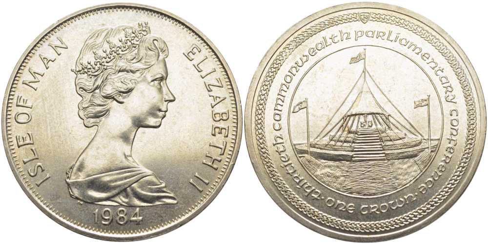 Остров Мэн 1 крона 1984 30 ЛЕТ ПАРЛАМЕНТСКОЙ КОНФЕРЕНЦИИ СТРАН БРИТАНСКОГО СОДРУЖЕСТВА, ЕЛИЗАВЕТА II, ШАТЕР КОНФЕРЕНЦИИ KM 133 медно-никель UNC 107-721