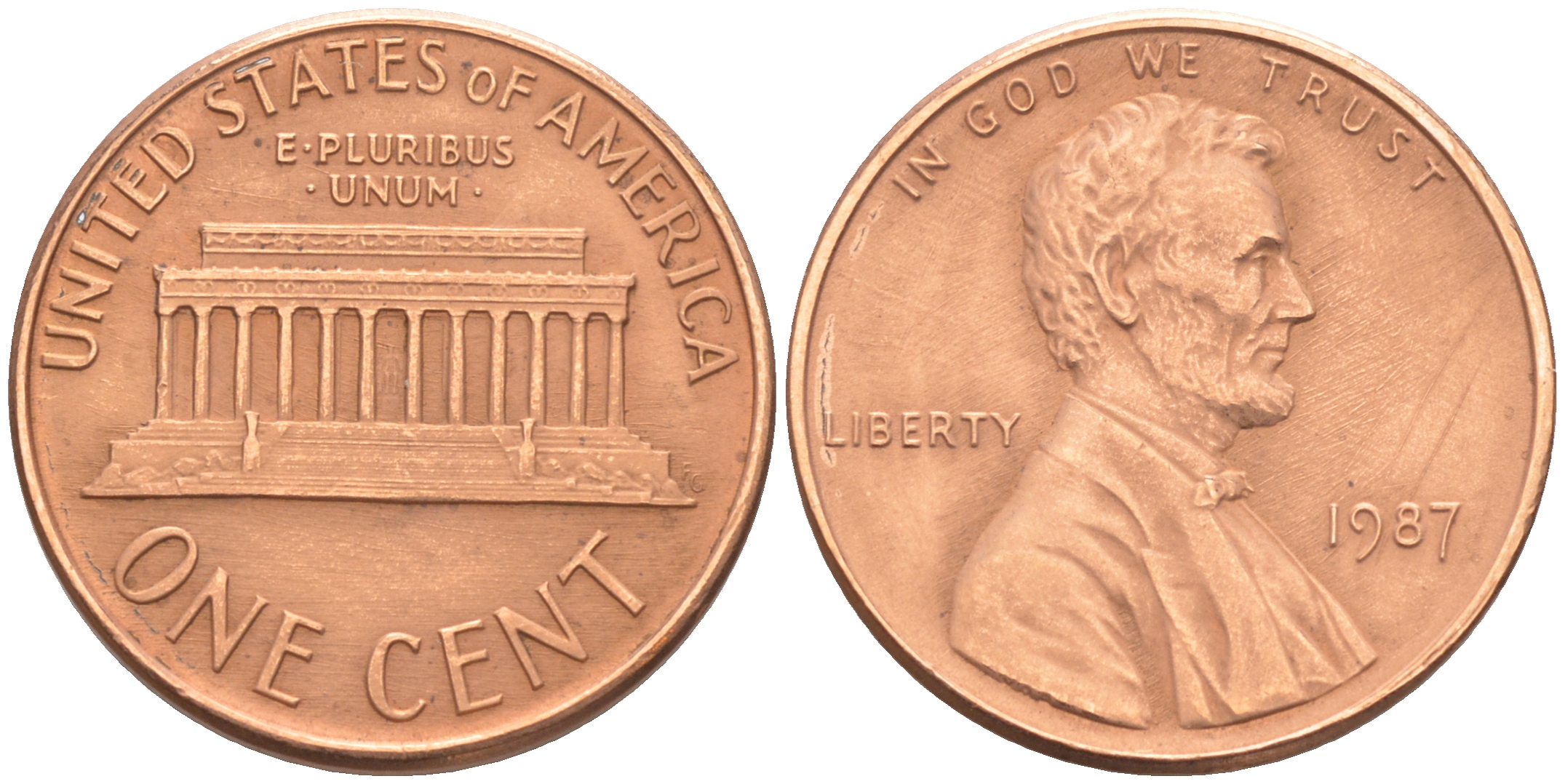 США 1 цент 1987 Линкольн KM 201b цинк плакированный медью 188-335