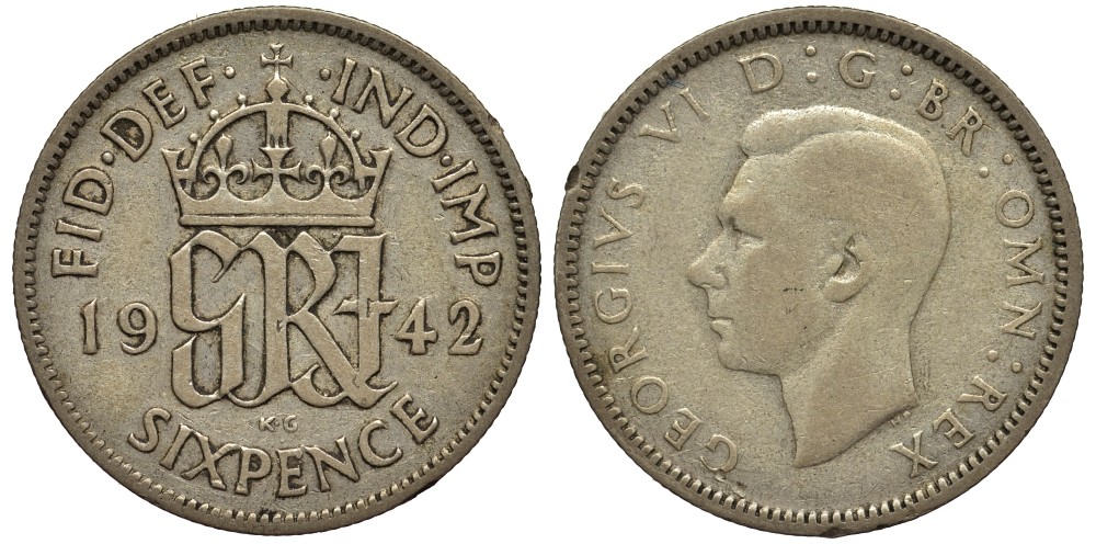 Великобритания 6 пенсов 1942 Георг VI (1936-1952) KM 852, Spink 4084 серебро 4538-456
