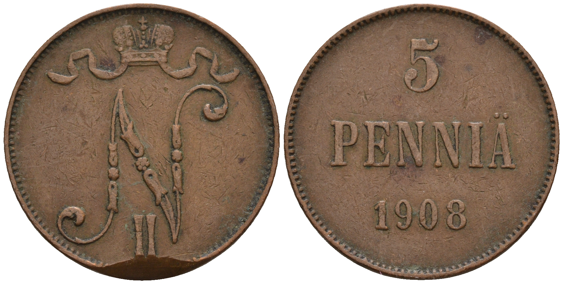 Россия для Финляндии 5 пенни 1908 Николай II (1894-1917) KM 15, Биткин 449 медь 259-1147