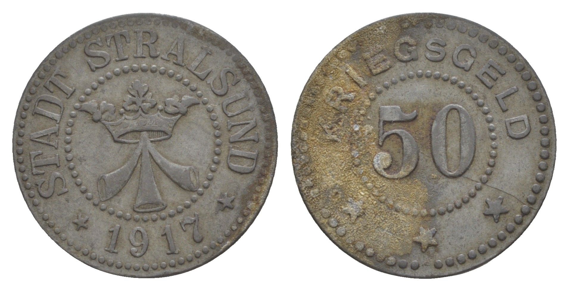 Штральзунд 50 пфеннигов 1917 Funck 523.3, Men18 30326.10 цинк 4637-1227