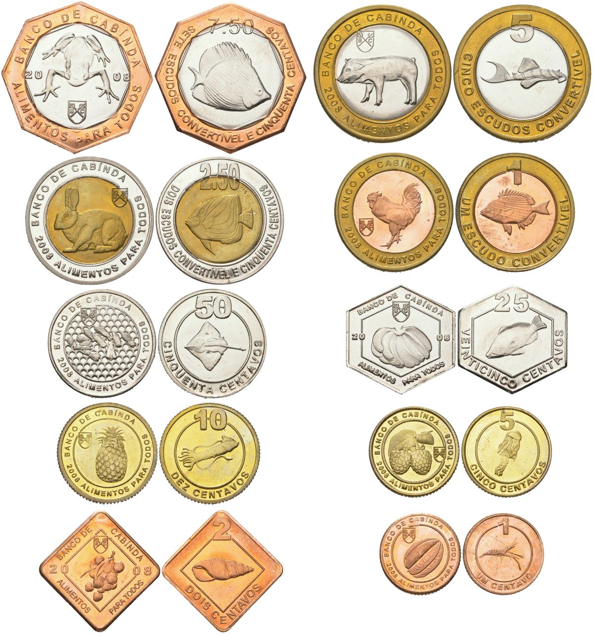 Кабинда, Ангола набор из 10 монет (1, 2, 5, 10, 25 и 50 авос, 1, 2,5, 5 и 7,5 эскудо) 2008 рыбы X 14, 15, 16, 17, 18, 19, 20, 21, 22 и 23 сталь плакированная никелем, сталь плакированная латунью, никель, биметалл PROOF 00-00