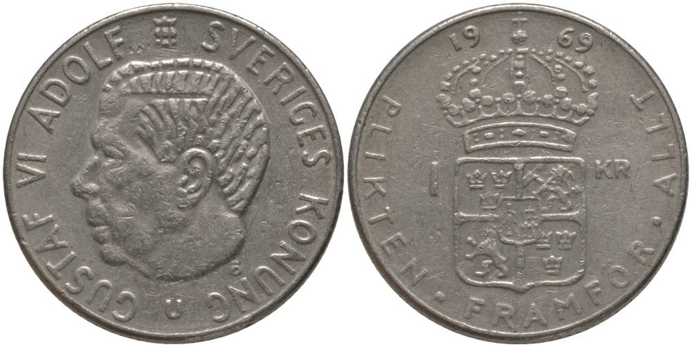 Швеция 1 крона 1969 Густав VI Адольф (1950-1973) KM 826а медь плакированная медно-никелем 181-134
