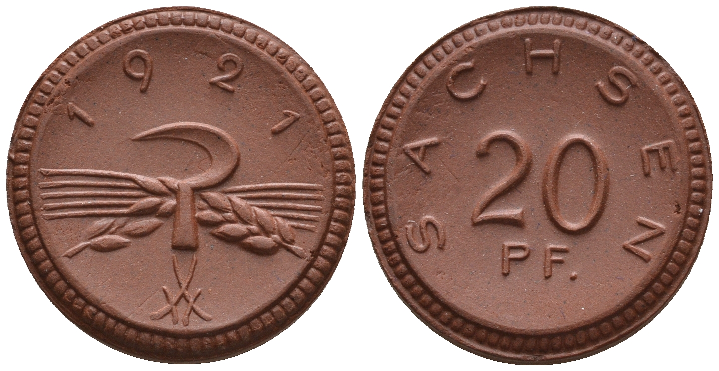 Саксония 20 пфеннигов 1921 колосья и серп J. N 53 фарфор UNC 1094-9-41