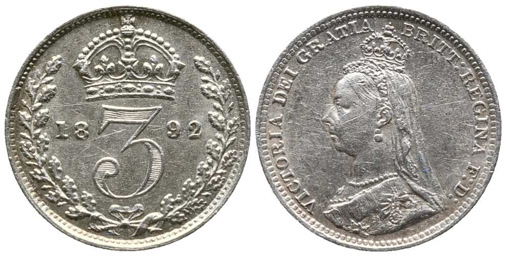Великобритания 3 пенса 1892 Виктория (1837-1901) KM 758, Spink 3931 серебро  1518-735