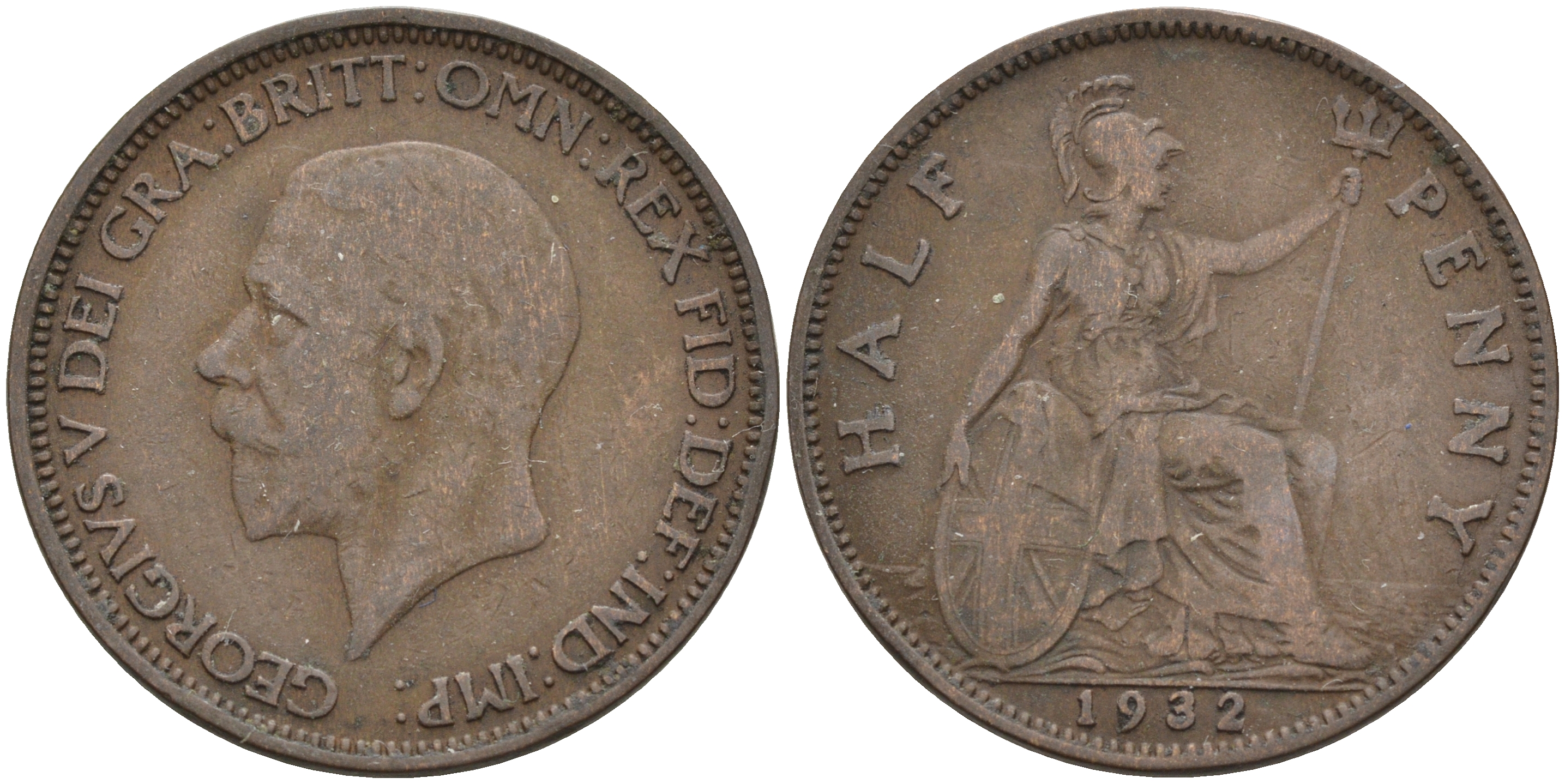 Великобритания 1/2 пенни 1932 Георг V (1910-1936) KM 837, Spink 4058 бронза 4589-924