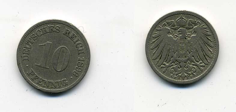 ГЕРМАНИЯ 10 ПФЕННИГОВ 1896 F KM 12, J. 13 медно-никель 35-523