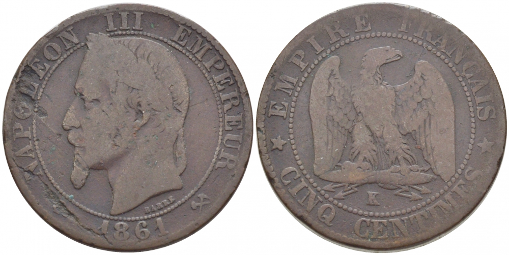 ФРАНЦИЯ 5 САНТИМОВ 1861 K, НАПОЛЕОН III (1852-1870) KM 797.3, LE FRANC 117.4 бронза 4448-123