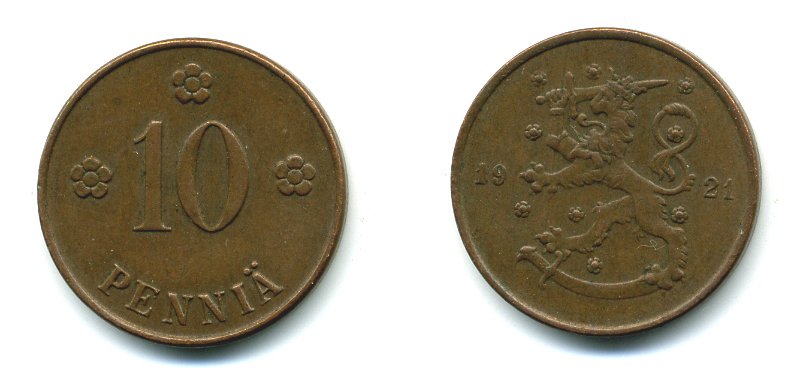 Финляндия 10 пенни 1921 республика (1918-1962) KM 24 медь 46-214