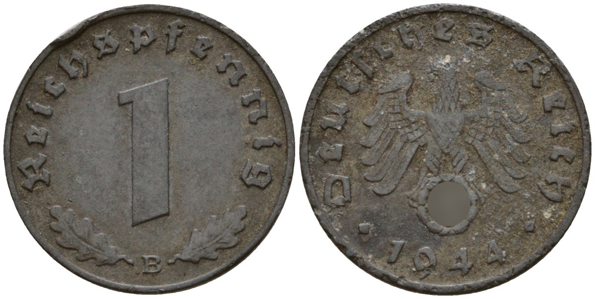 Германия 1 рейхспфенниг 1944 B KM 97, J. 369 цинк 4173-831