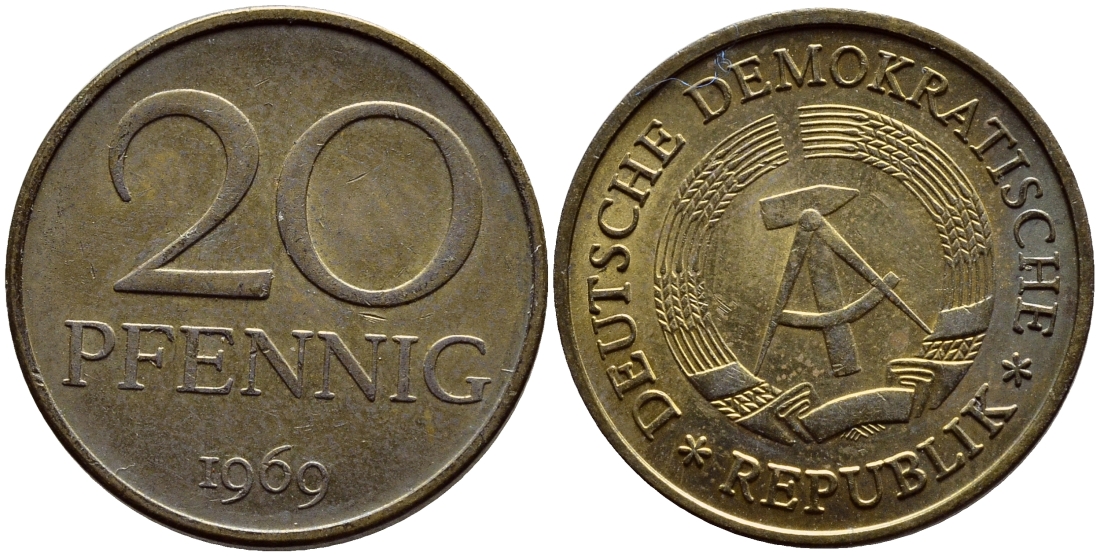 ГДР 20 пфеннигов 1969 А, первый год KM 11 латунь UNC 73-1034