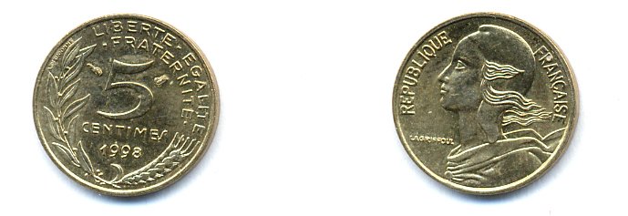 ФРАНЦИЯ 5 САНТИМОВ 1998 ТИП MARIANNE KM 933 медь алюминий никель 4379-942