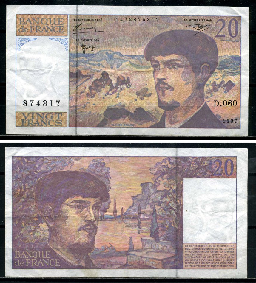 Франция 20 франков 1997 Клод Дебюсси, signatures: Bruneel / Bonnardin / Barroux Pick 151i бумага 8590-6-3-1