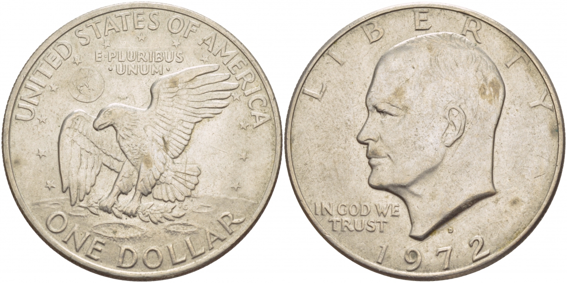 США 1 доллар 1972 D, Президент Эйзенхауэр, лунный орел KM 203 медь плакированная медно-никелем 4537-933
