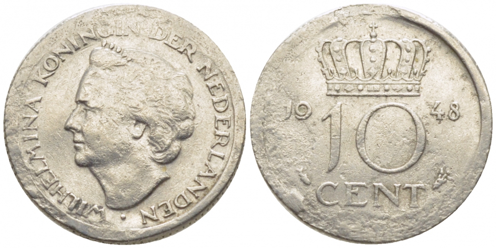 Нидерланды 10 центов 1948 Вильгельмина (1895-1948) KM 177 никель 112-262