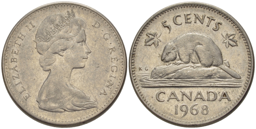 КАНАДА 5 ЦЕНТОВ 1968 БОБЕР, ЕЛИЗАВЕТА II KM 60.1 никель 4364-4455