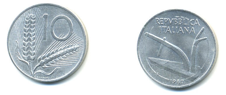 ИТАЛИЯ 10 ЛИР 1980 ПЛУГ, КОЛОСЬЯ KM 93 алюминий 4364-755