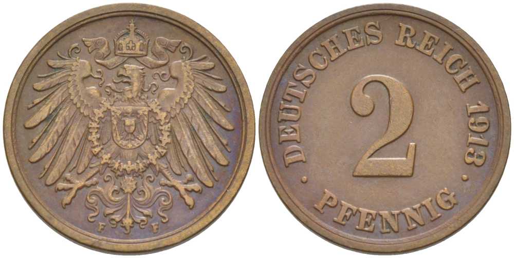 Германия 2 пфеннига 1913 F KM 16, J. 11, Weege 4 медь 206-641