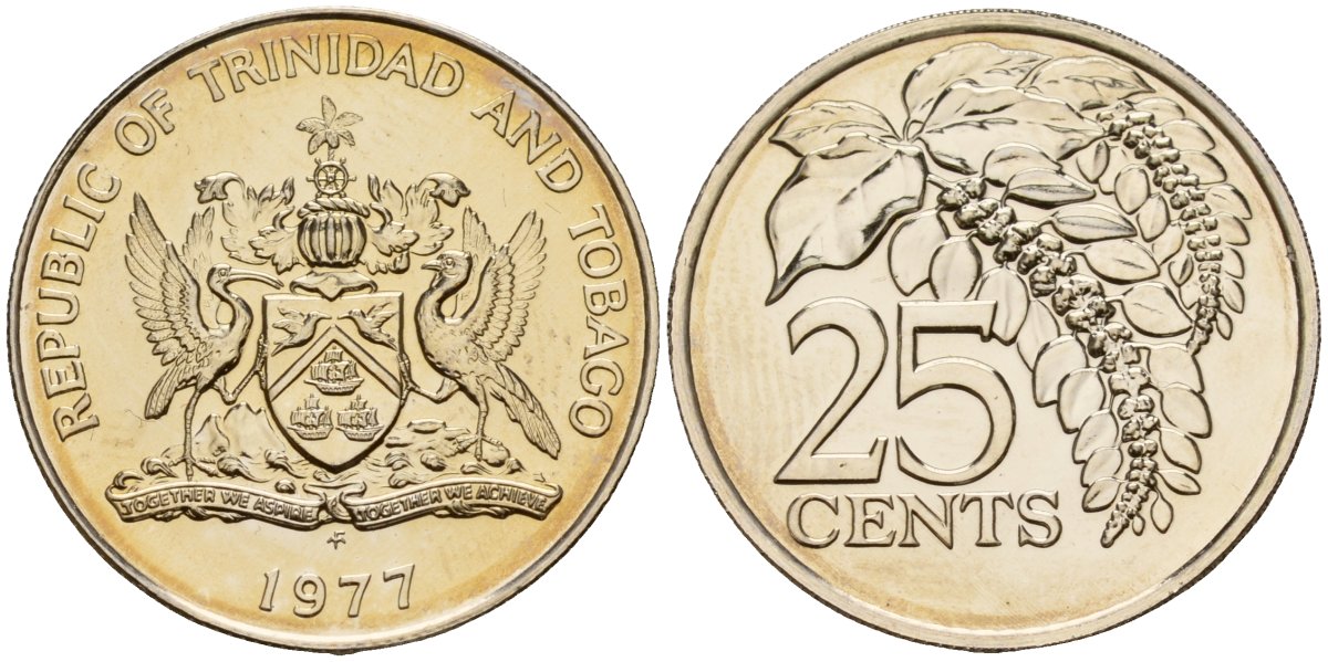 Тринидад и Тобаго 25 центов 1977 FM, цветок дикая пуансеттия KM 32 медно-никель PROOF 4152-1054