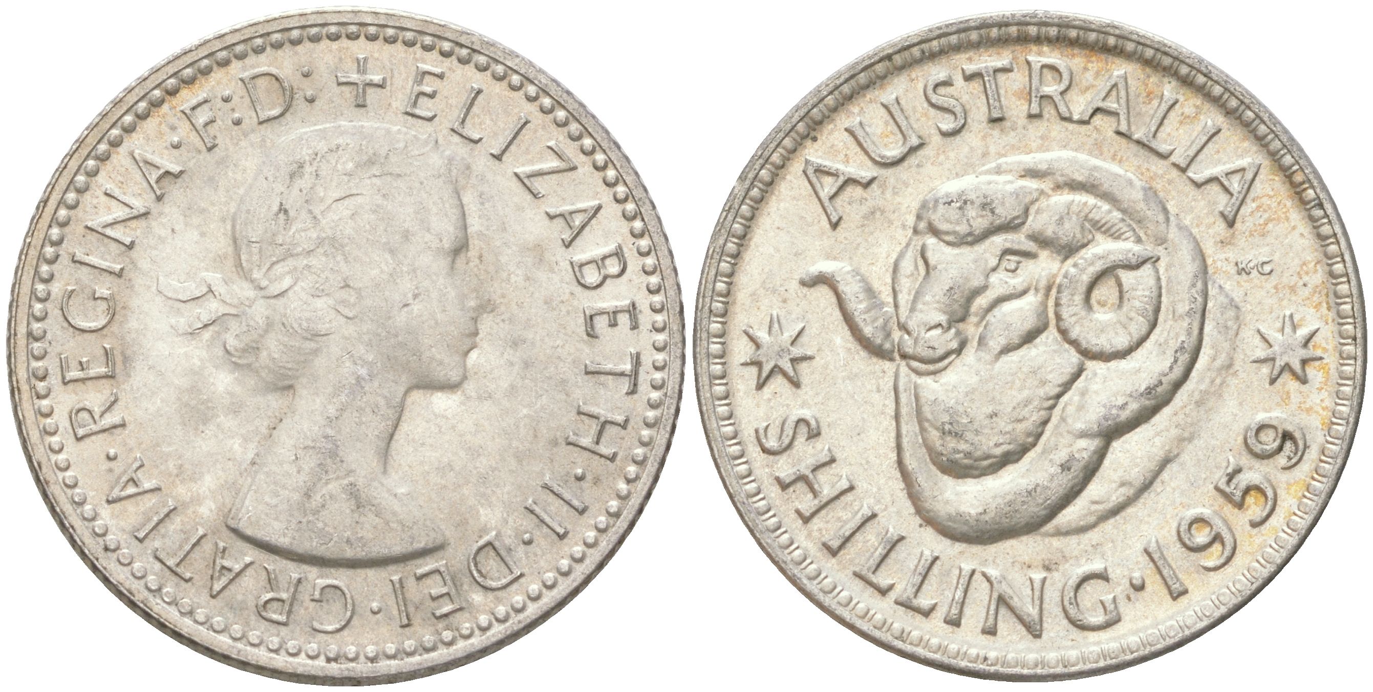 Австралия 1 шиллинг 1959 M, Елизавета II (1952-2022), овца меринос KM 59 серебро 4622-217