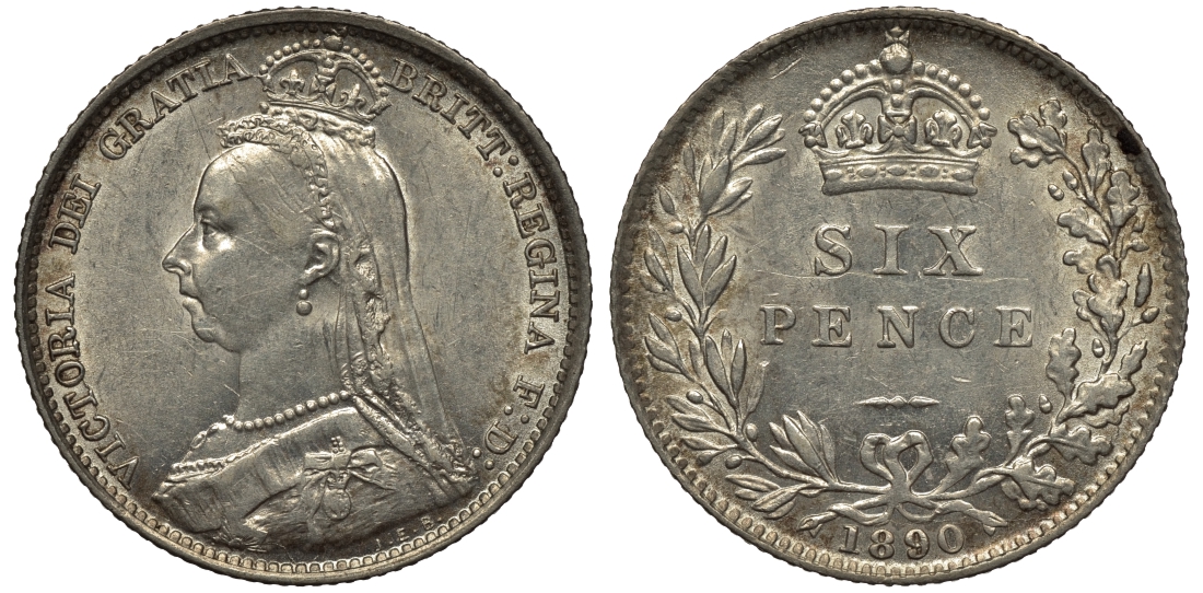 Великобритания 6 пенсов 1890 Виктория (1837-1901) KM 760, Spink 3929 серебро UNC 1524-332