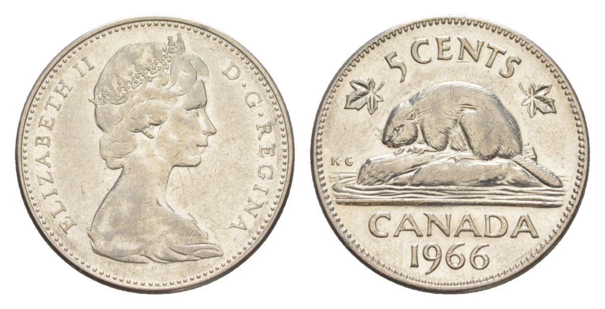 Канада 5 центов 1966 Елизавета II (1952-2022), бобр KM 60.1 никель 4630-713