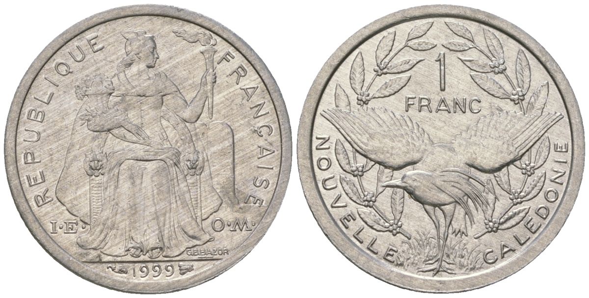 Французская Новая Каледония 1 франк 1999 птица кагу, (IEOM) KM 10, Schoen 10, Lec 52d алюминий 41-832