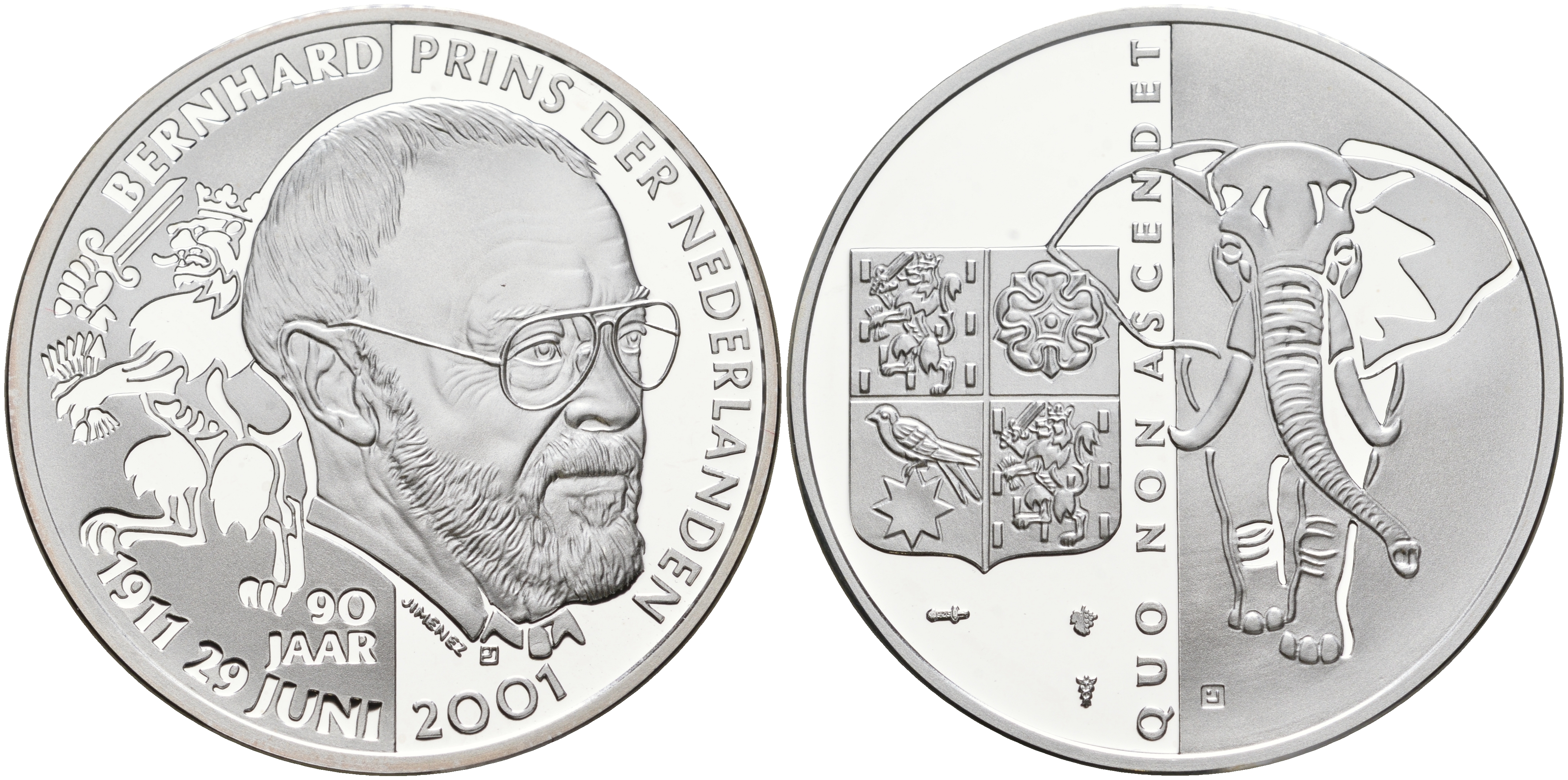 Нидерланды медаль 2001 90 лет со дня рождения принца Нидерландов Бернарду, слон  серебро  PROOF  11-132-24