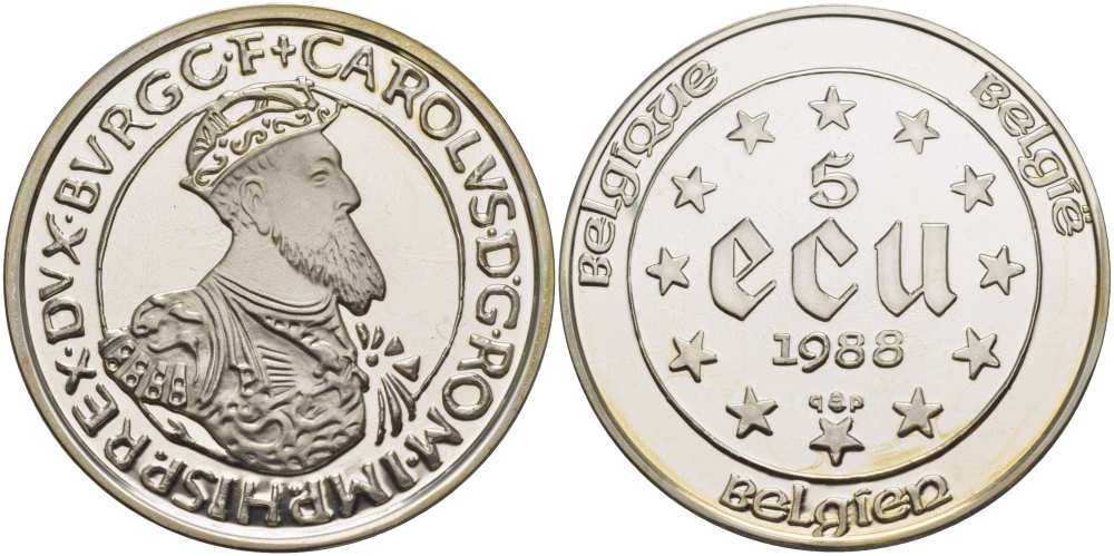 Бельгия 5 экю 1987 30 лет Римскому договору, Карл V Габсбург (1500-1558) KM 166 серебро PROOF 11-171-13