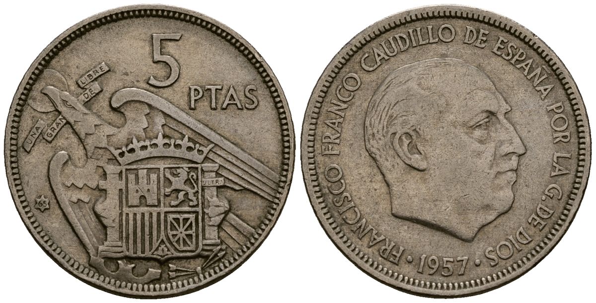 Испания 5 песет 1957 Франсиско Франко (1939-1975) KM 786 медно-никель 4176-446