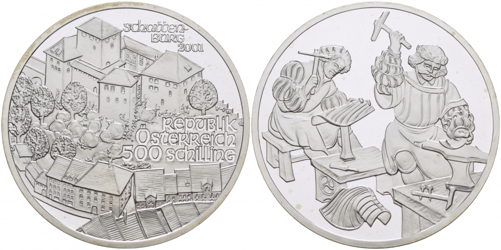 Австрия 500 шиллингов 2001 Замок Шаттенбург, кузнецы KM 3080 серебро PROOF 04-268-45