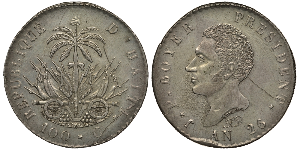 Гаити 100 сантимов 1829 AN 26, Президент Жан Пьер Буайе (1818-10843) KM 23 серебро 00-000-00