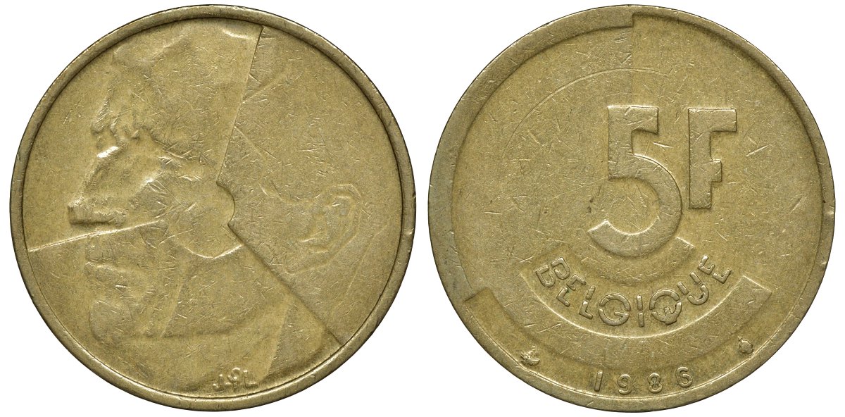 БЕЛЬГИЯ 5 ФРАНКОВ 1986 BELGIQUE KM 163 латунь или алюминевая бронза 72-1227