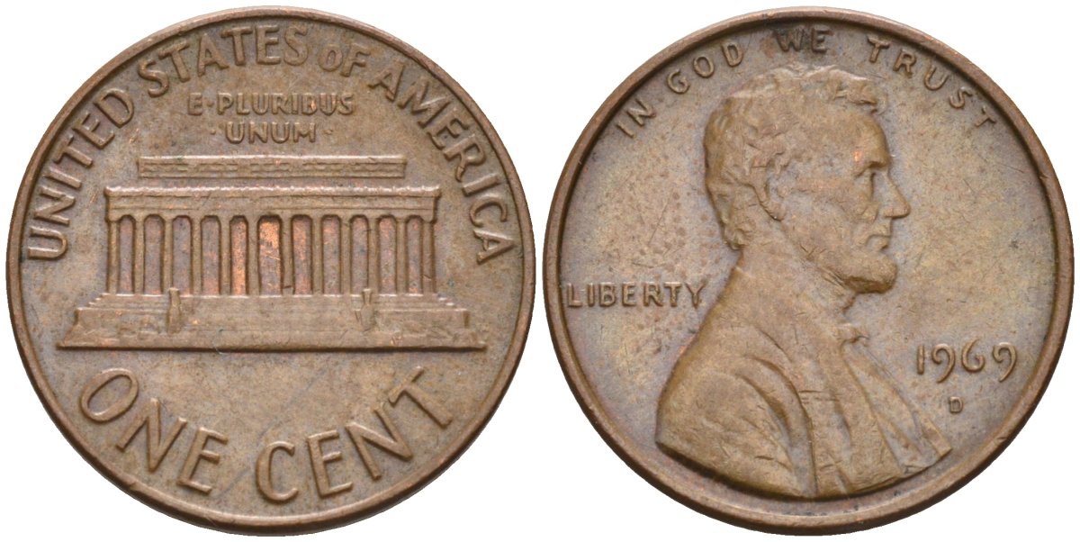 США 1 цент 1969 D, Линкольн KM 201 медь цинк 4115-851