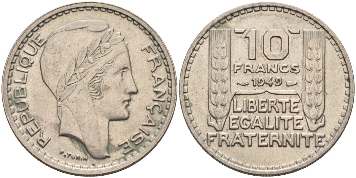 Франция 10 франков 1949 тип Пьер Турин, Petite Tete KM 909.1, Le Franc 362.6 медно-никель 81-1132